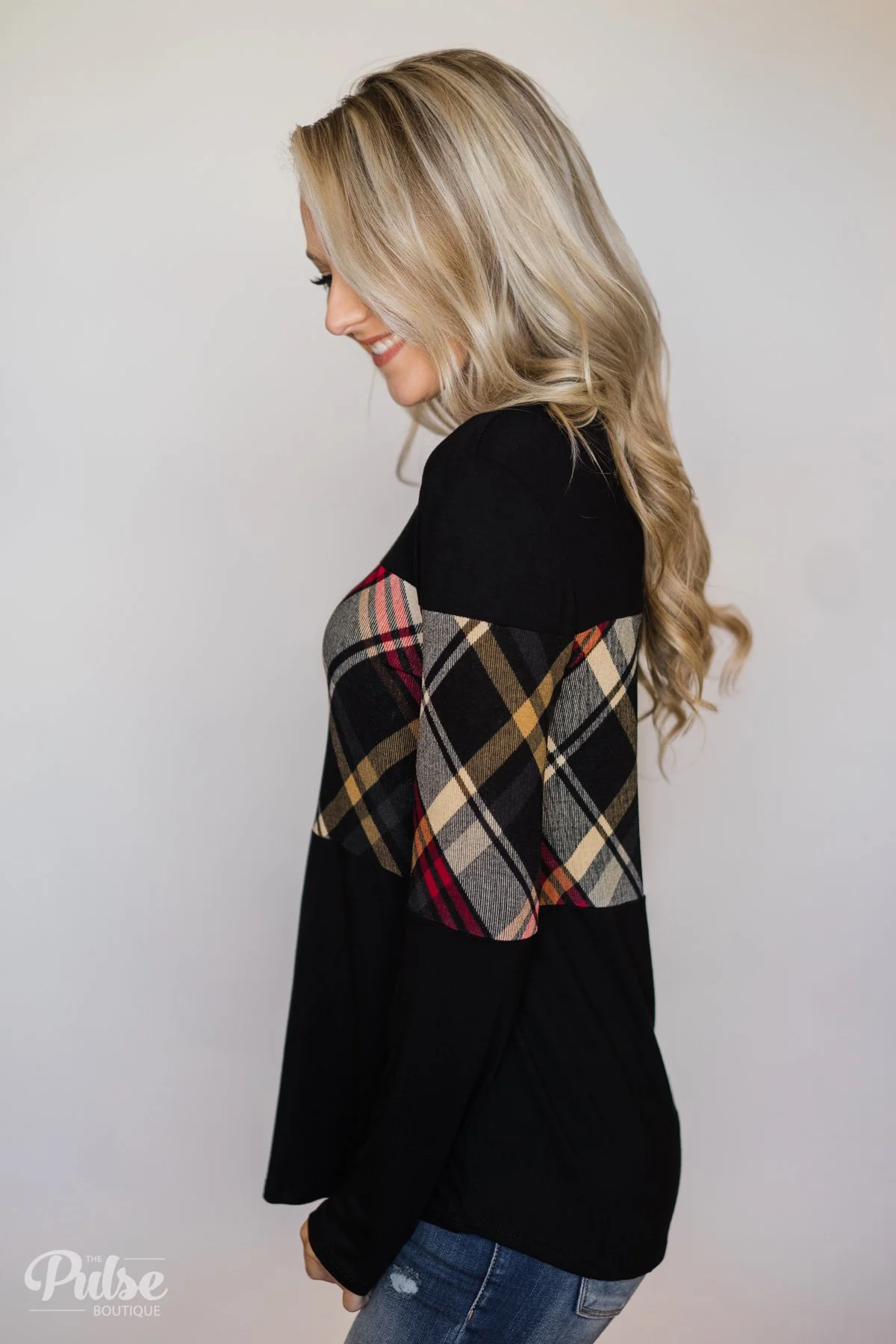 It Goes Like This Long Sleeve Plaid Top- Black - Image 6