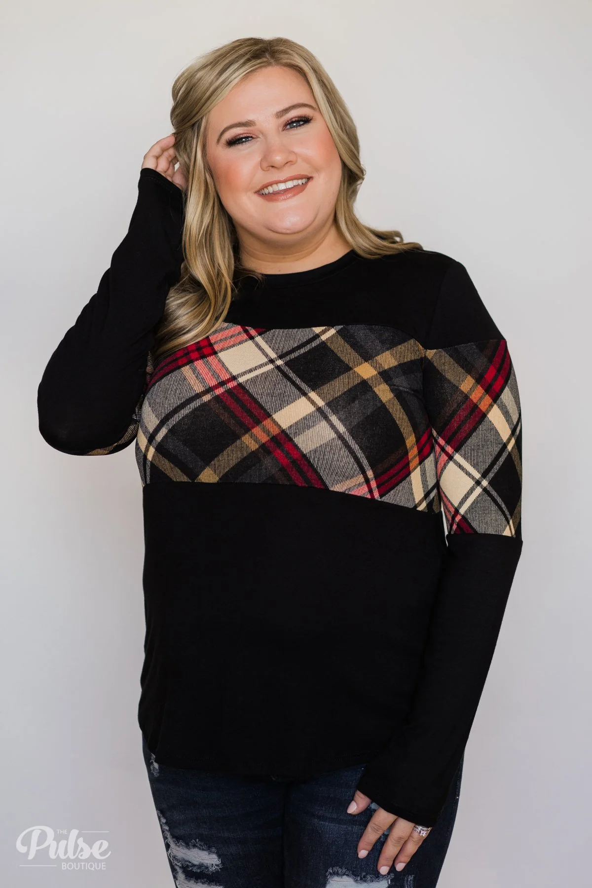 It Goes Like This Long Sleeve Plaid Top- Black - Image 8