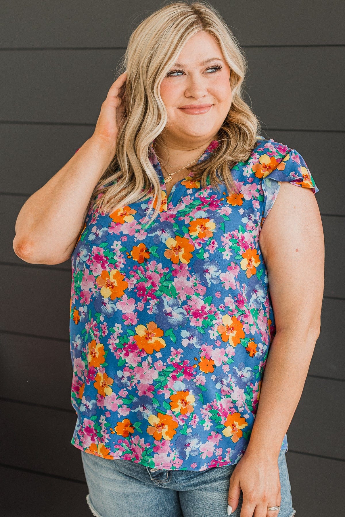 It's A New Day Floral Blouse- Royal Blue & Orange - Image 4