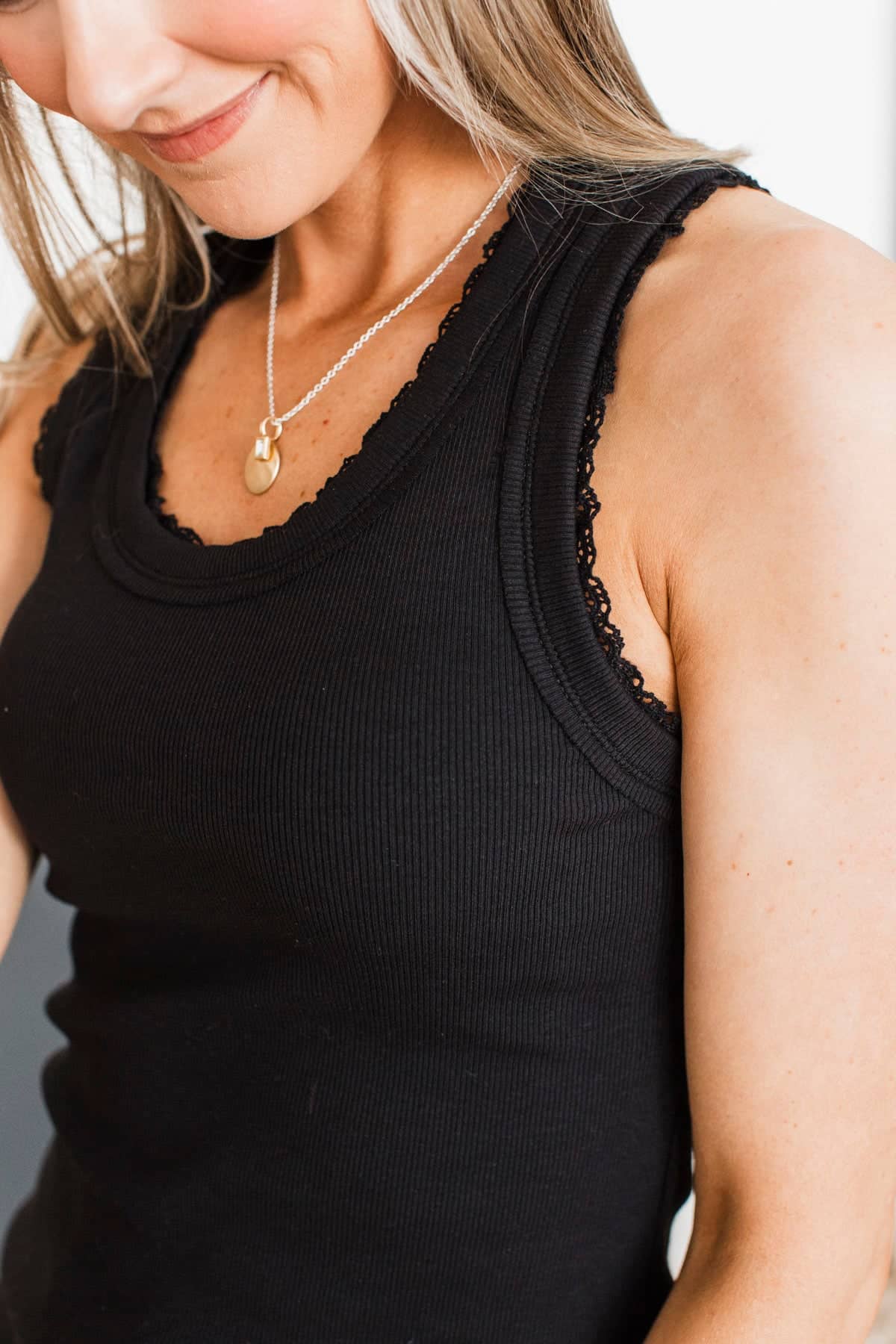 It's All Good Lace Trim Ribbed Tank Top- Black - Image 2