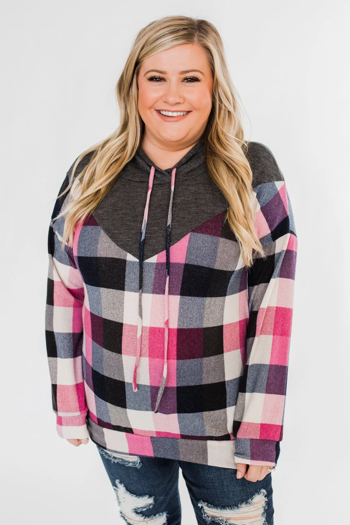 It's Always Been You Flannel Hoodie- Charcoal & Pink Tones - Image 2