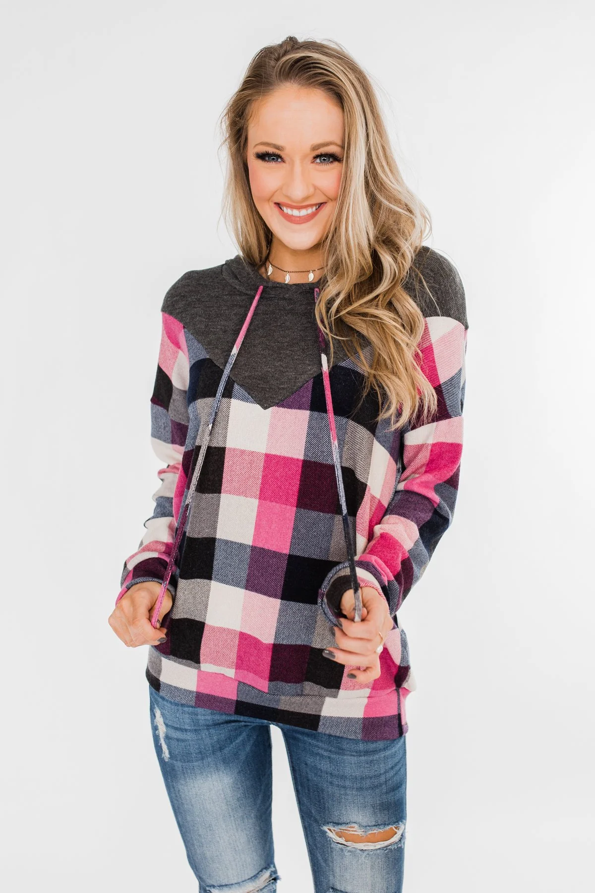 It's Always Been You Flannel Hoodie- Charcoal & Pink Tones - Image 5