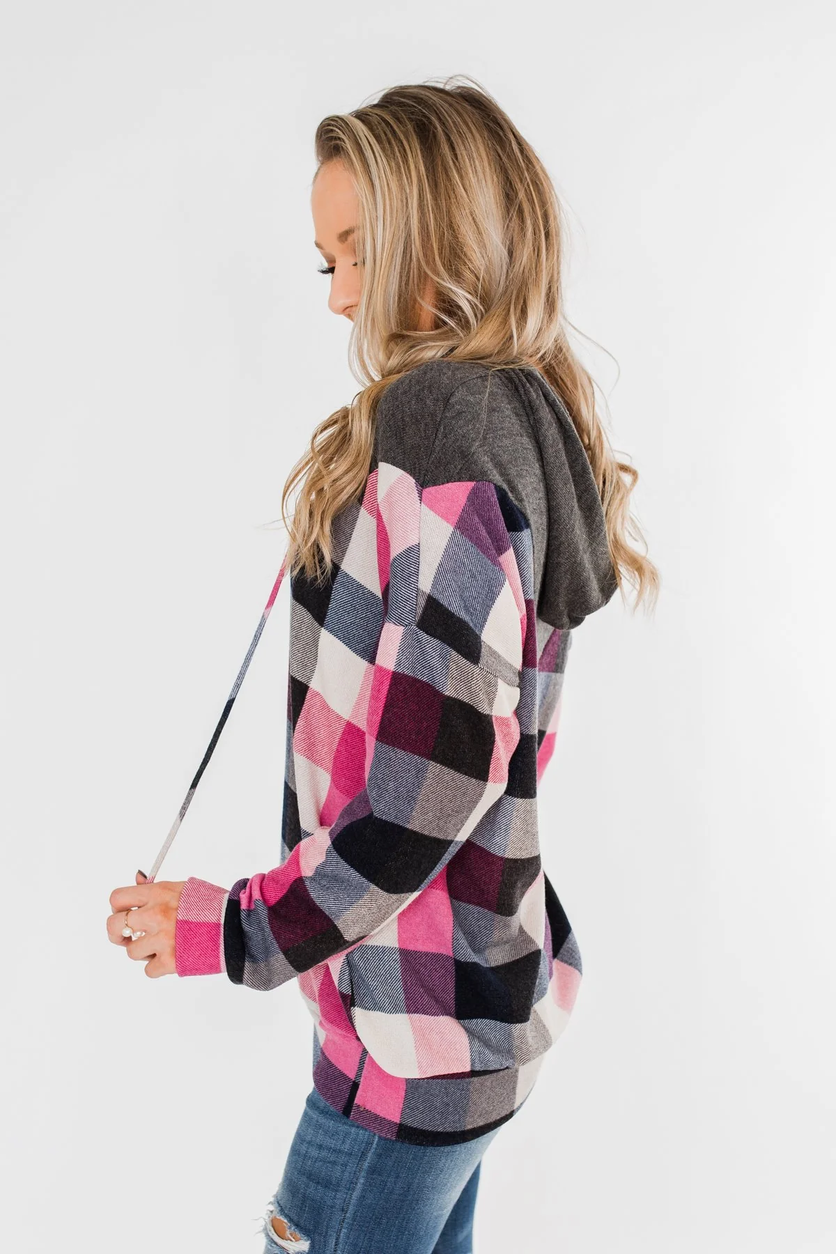It's Always Been You Flannel Hoodie- Charcoal & Pink Tones - Image 7