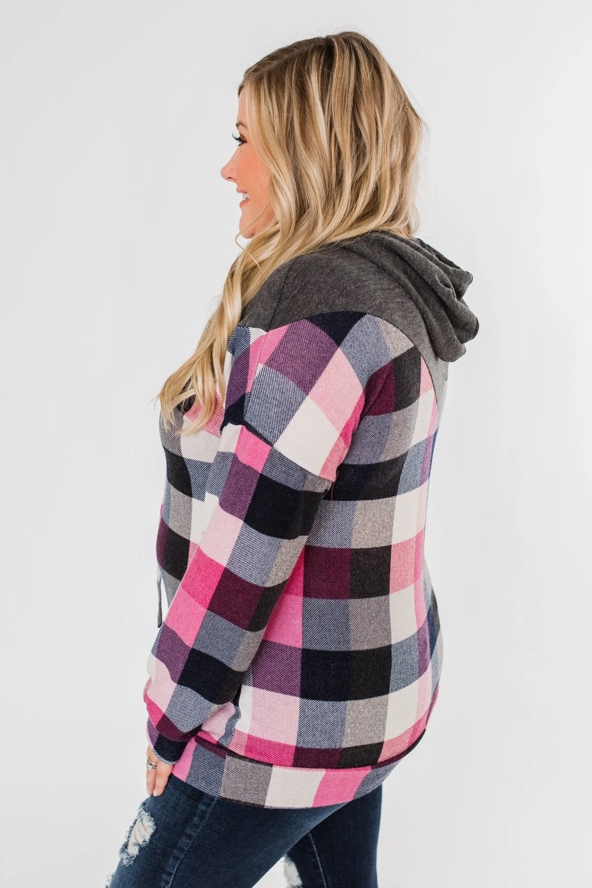 It's Always Been You Flannel Hoodie- Charcoal & Pink Tones - Image 8