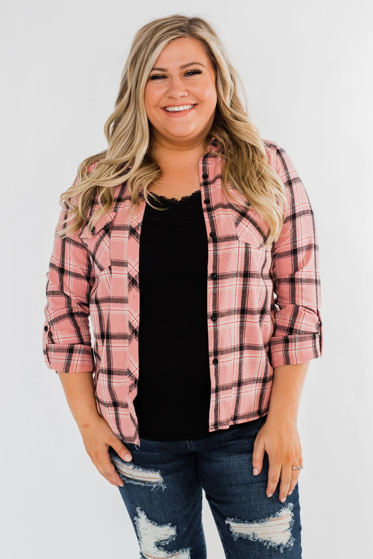 I've Been Told Long Sleeve Plaid Top- Light Pink - Image 2