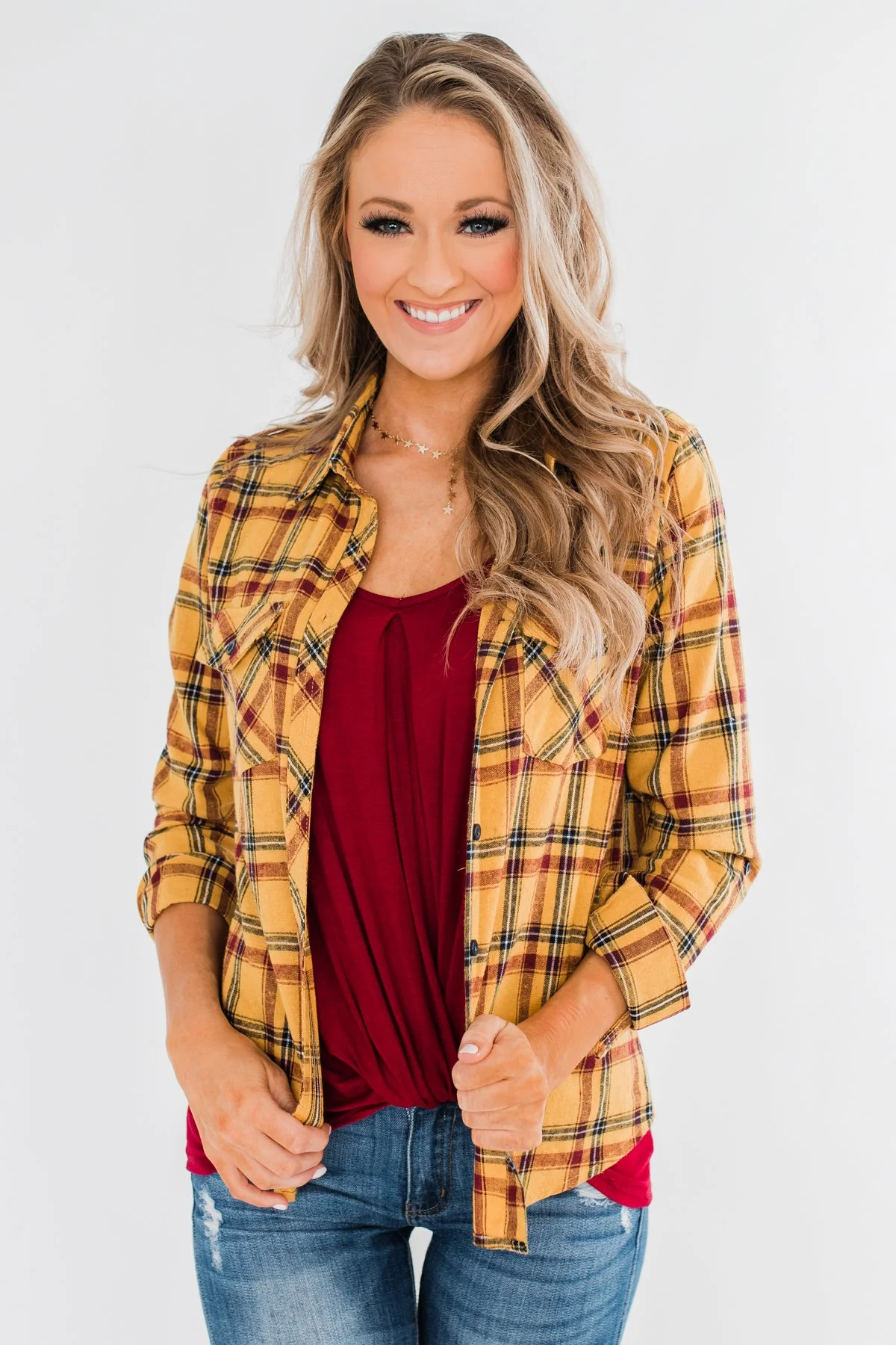 I've Been Told Long Sleeve Plaid Top- Mustard - Image 3