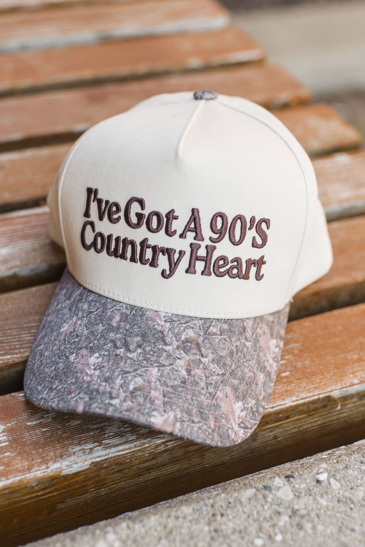 "I've Got A 90's Country Heart" Trucker Hat- Cream & Camo - Image 2