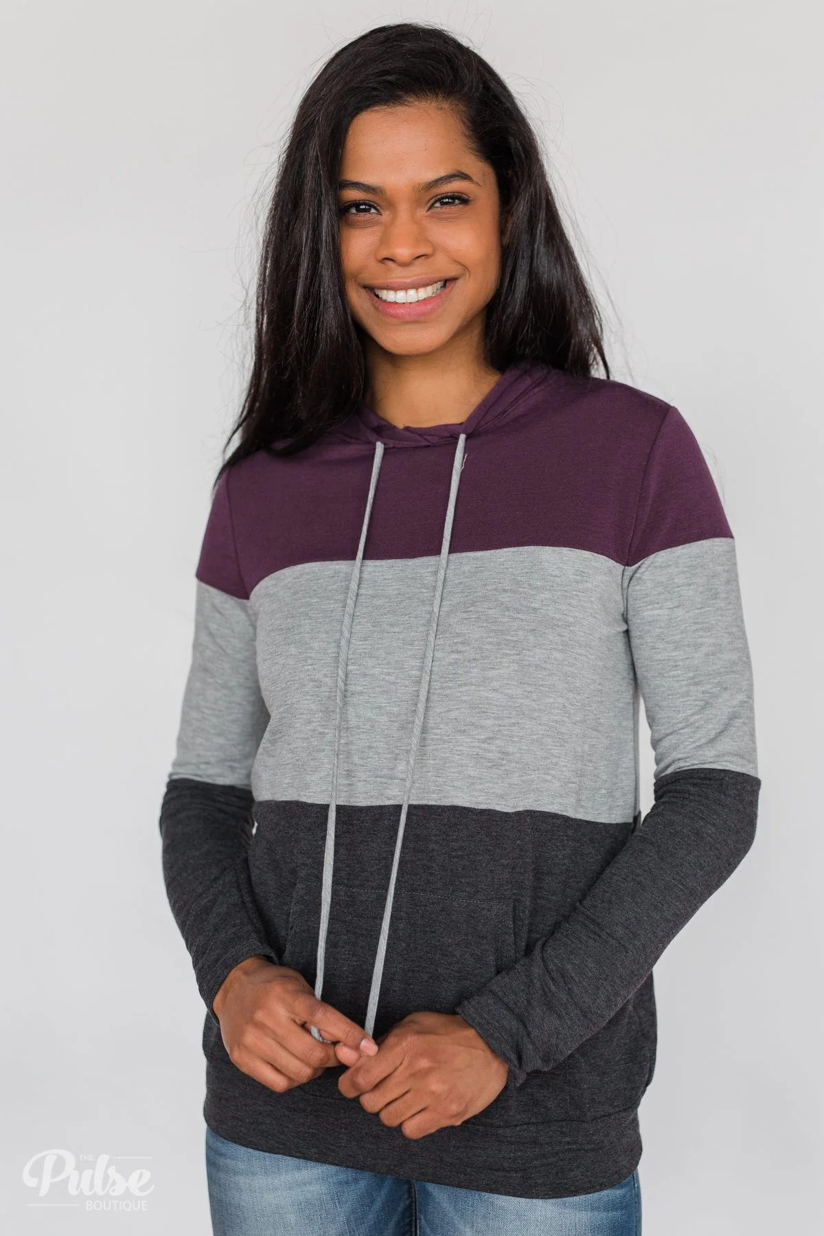Lightweight Color Block Hoodie- Eggplant & Grey - Image 2
