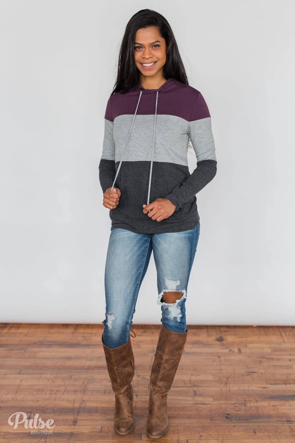 Lightweight Color Block Hoodie- Eggplant & Grey - Image 4