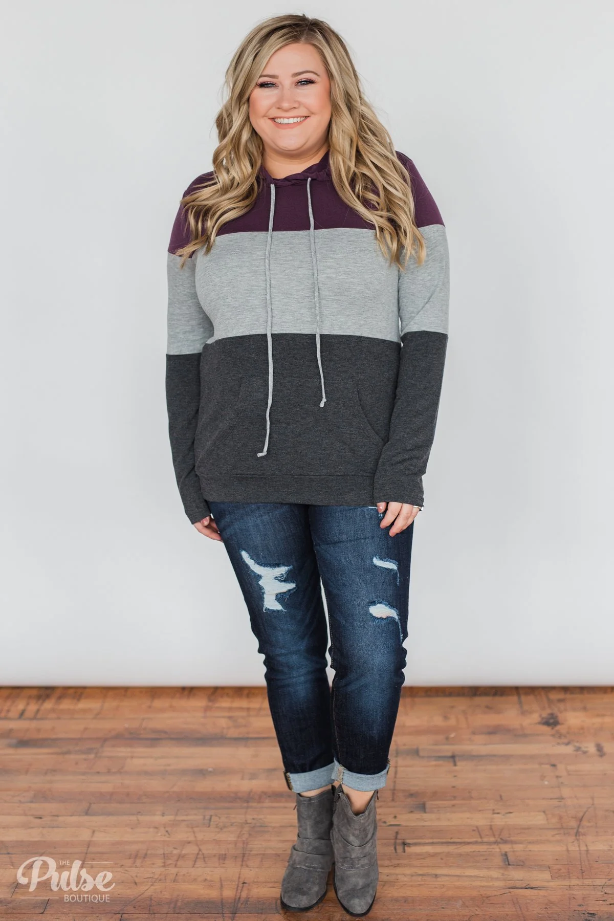 Lightweight Color Block Hoodie- Eggplant & Grey - Image 5