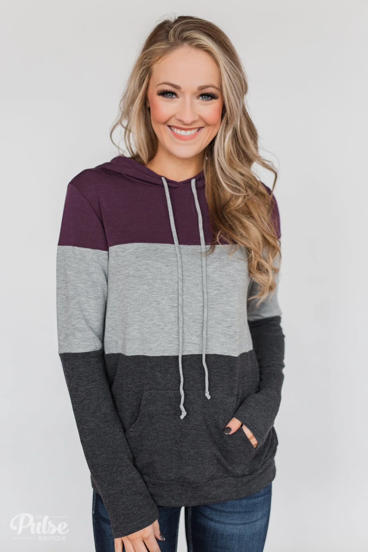 Lightweight Color Block Hoodie- Eggplant & Grey - Image 7