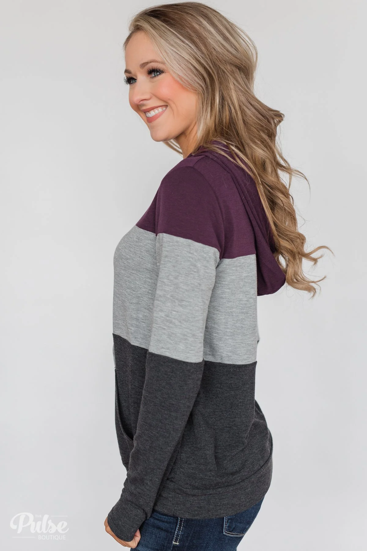 Lightweight Color Block Hoodie- Eggplant & Grey - Image 9