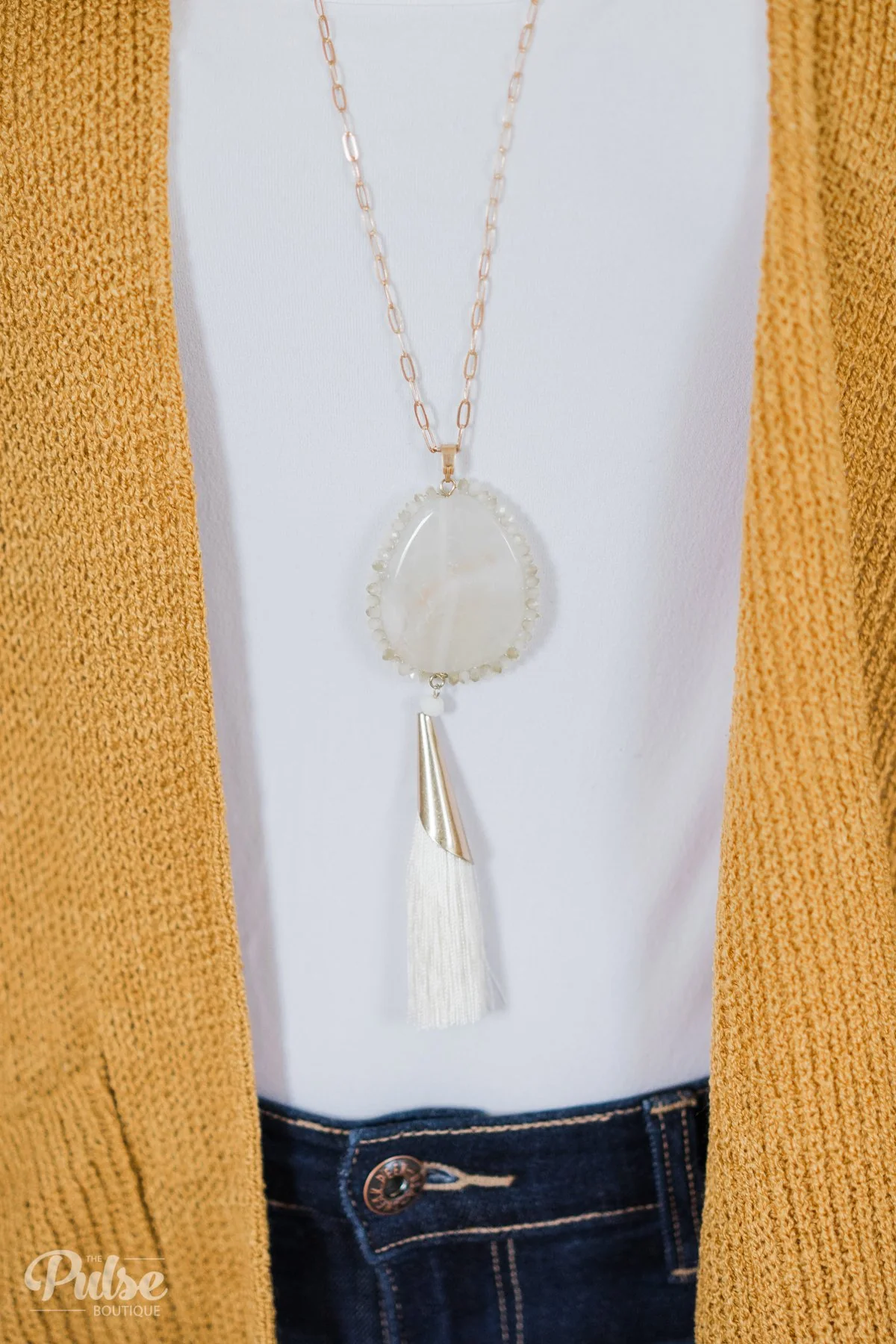 Ivory Stone Pendant Necklace- Gold