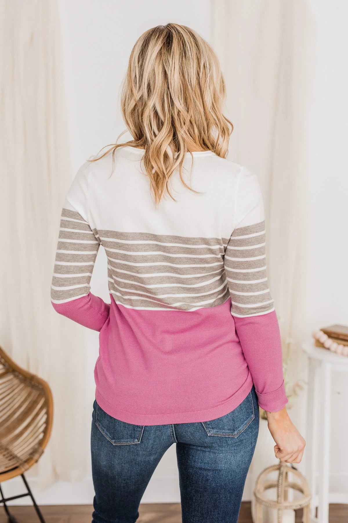 Jaw Dropping Striped Color Block Sweater- Pink - Image 7