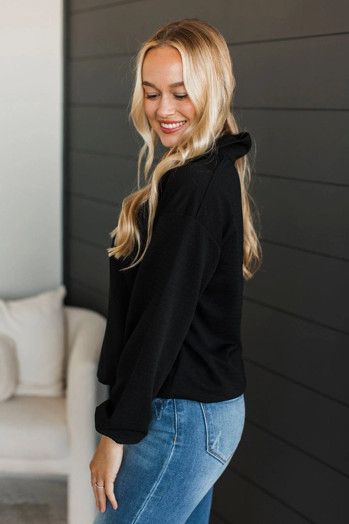 Jess Lea Levi Ribbed Quarter Zip Pullover- Black - Image 5