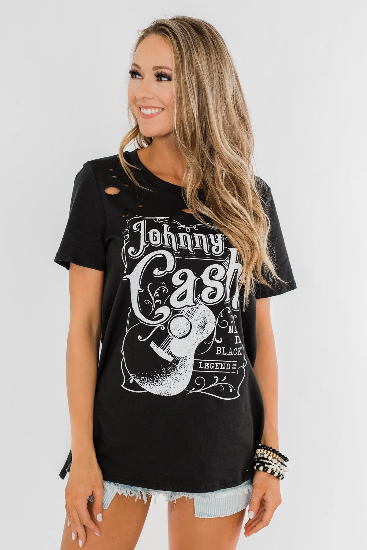 "Johnny Cash" Distressed Graphic Top- Black - Image 5