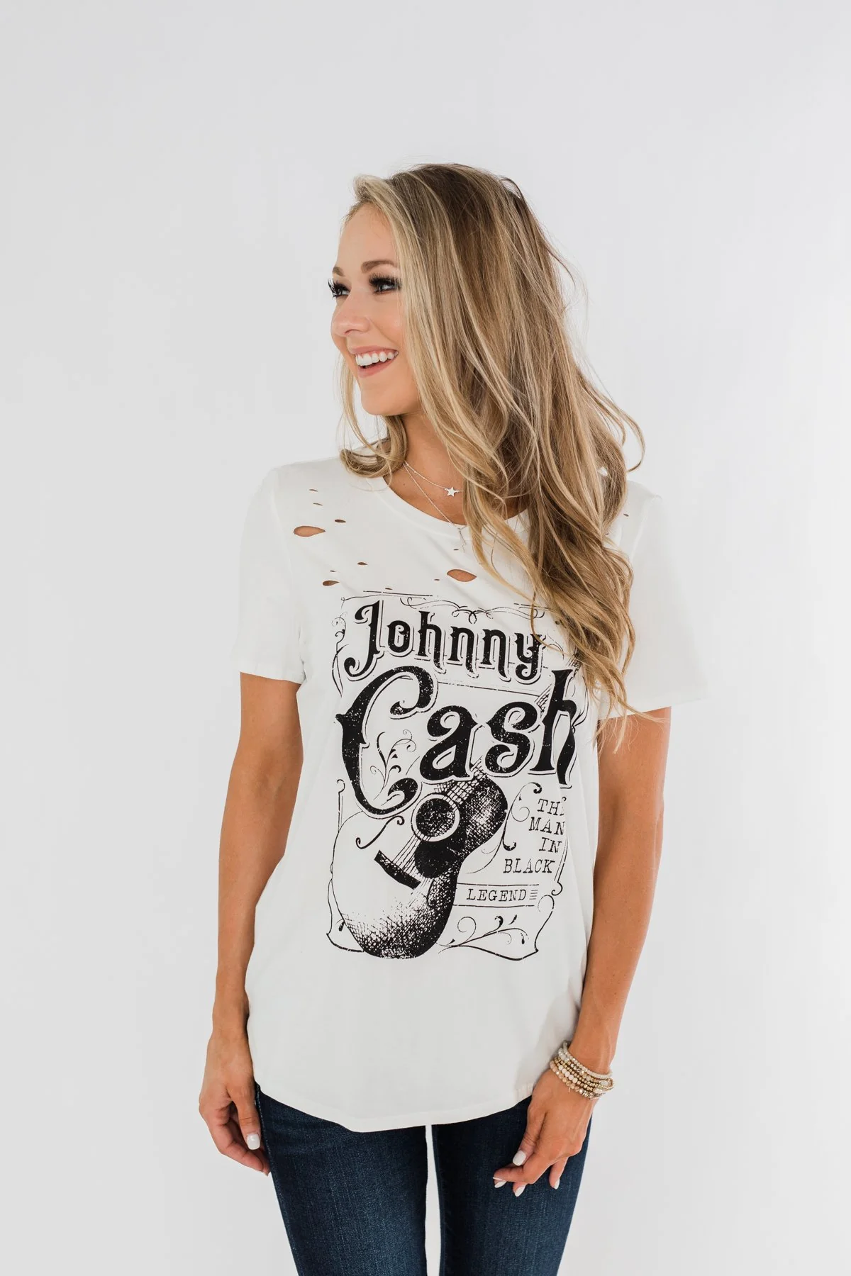 "Johnny Cash" Distressed Graphic Top- Off White - Image 5