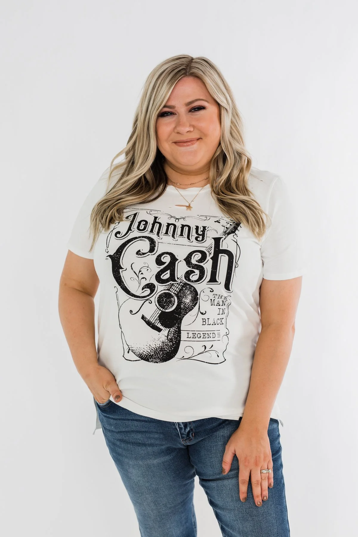 "Johnny Cash" Distressed Graphic Top- Off White - Image 6
