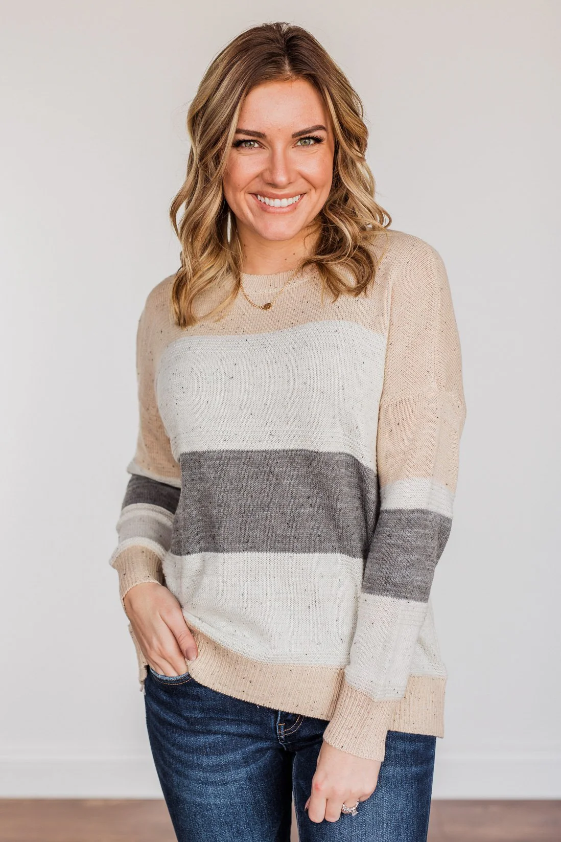 Joyful Laughter Color Block Sweater- Oatmeal & Grey - Image 3