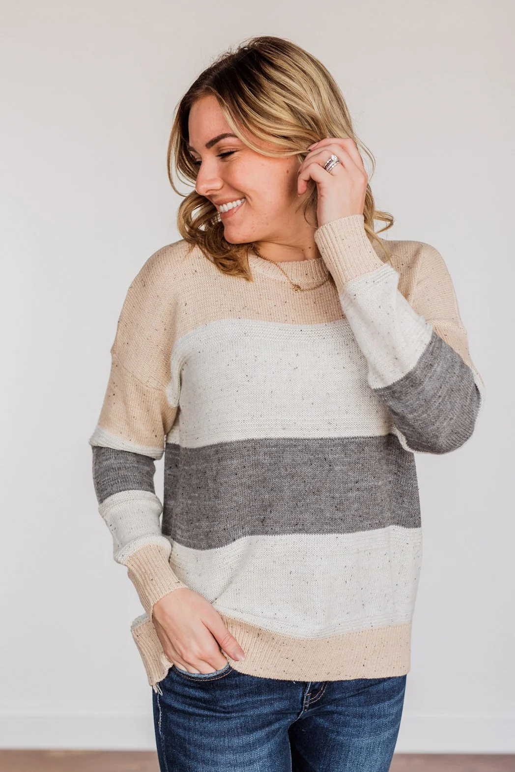 Joyful Laughter Color Block Sweater- Oatmeal & Grey - Image 6