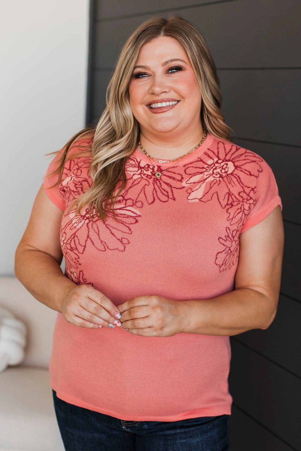 Joyful Spirit Floral Knit Top- Coral