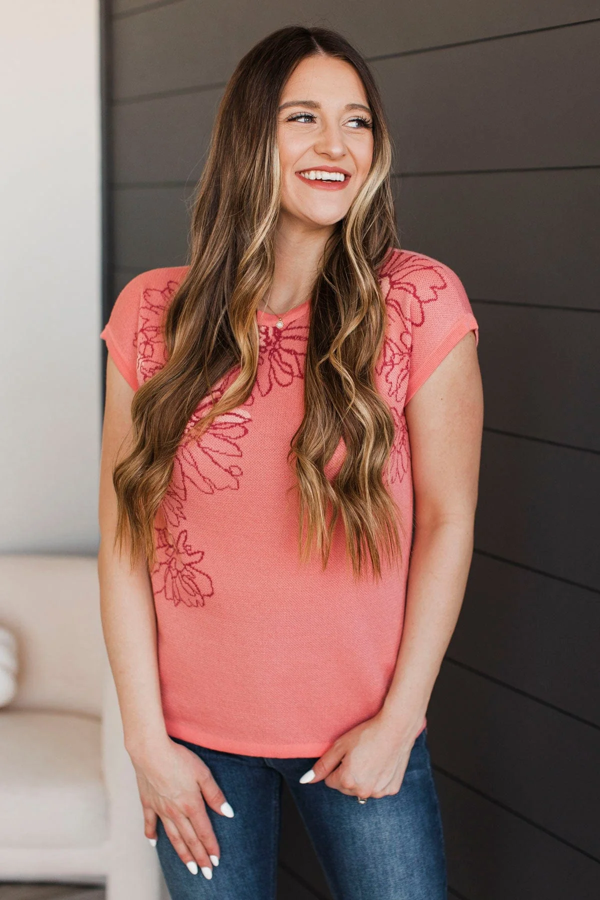 Joyful Spirit Floral Knit Top- Coral - Image 2