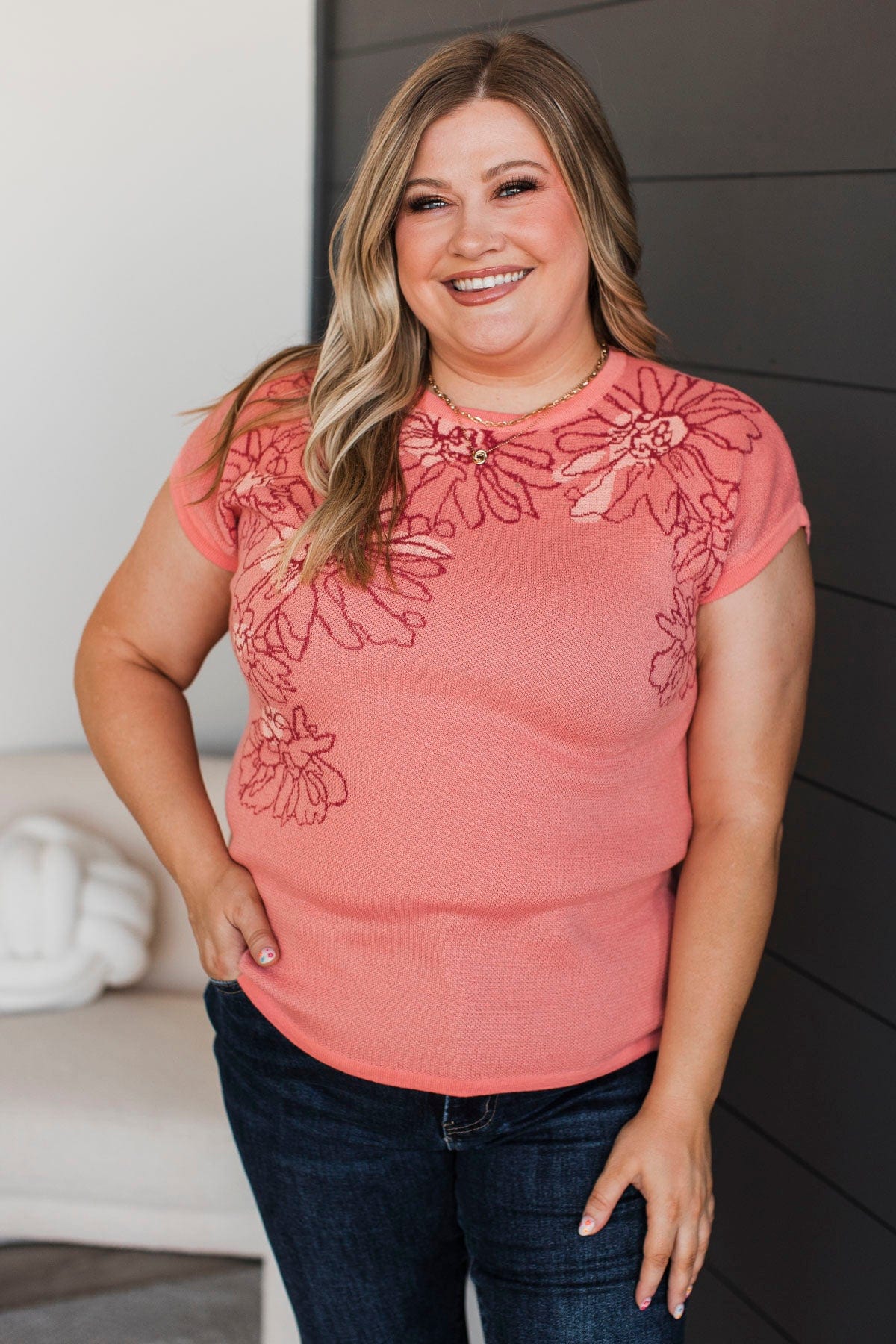 Joyful Spirit Floral Knit Top- Coral - Image 3