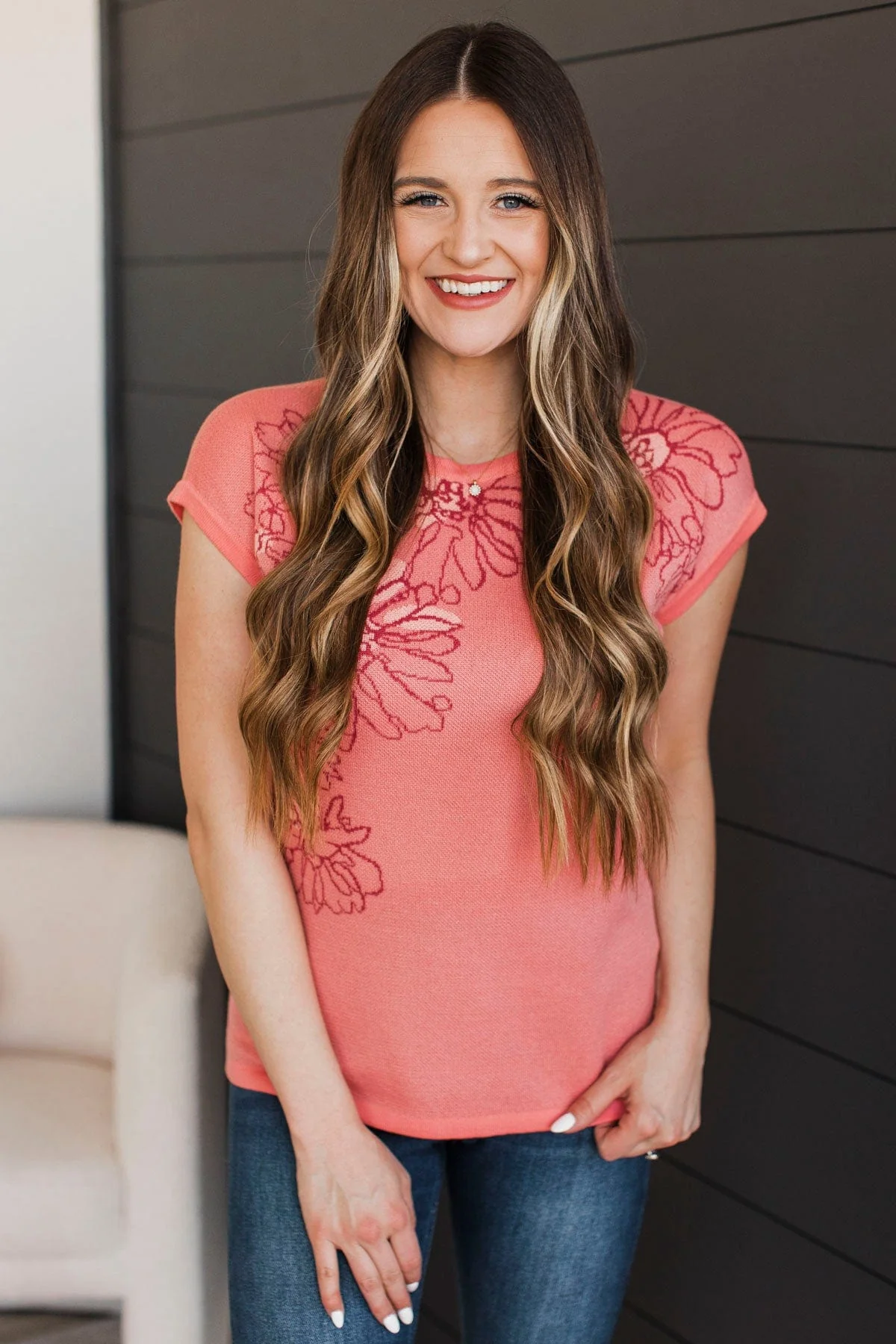 Joyful Spirit Floral Knit Top- Coral - Image 4
