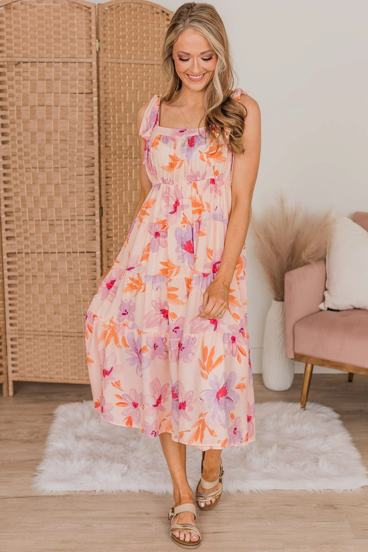 Joyous Occasion Tiered Floral Dress- Pale Orange & Lavender - Image 2