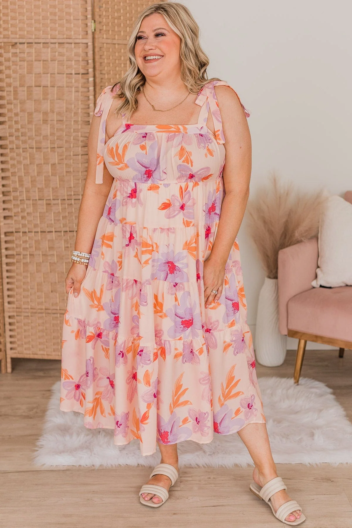Joyous Occasion Tiered Floral Dress- Pale Orange & Lavender - Image 3