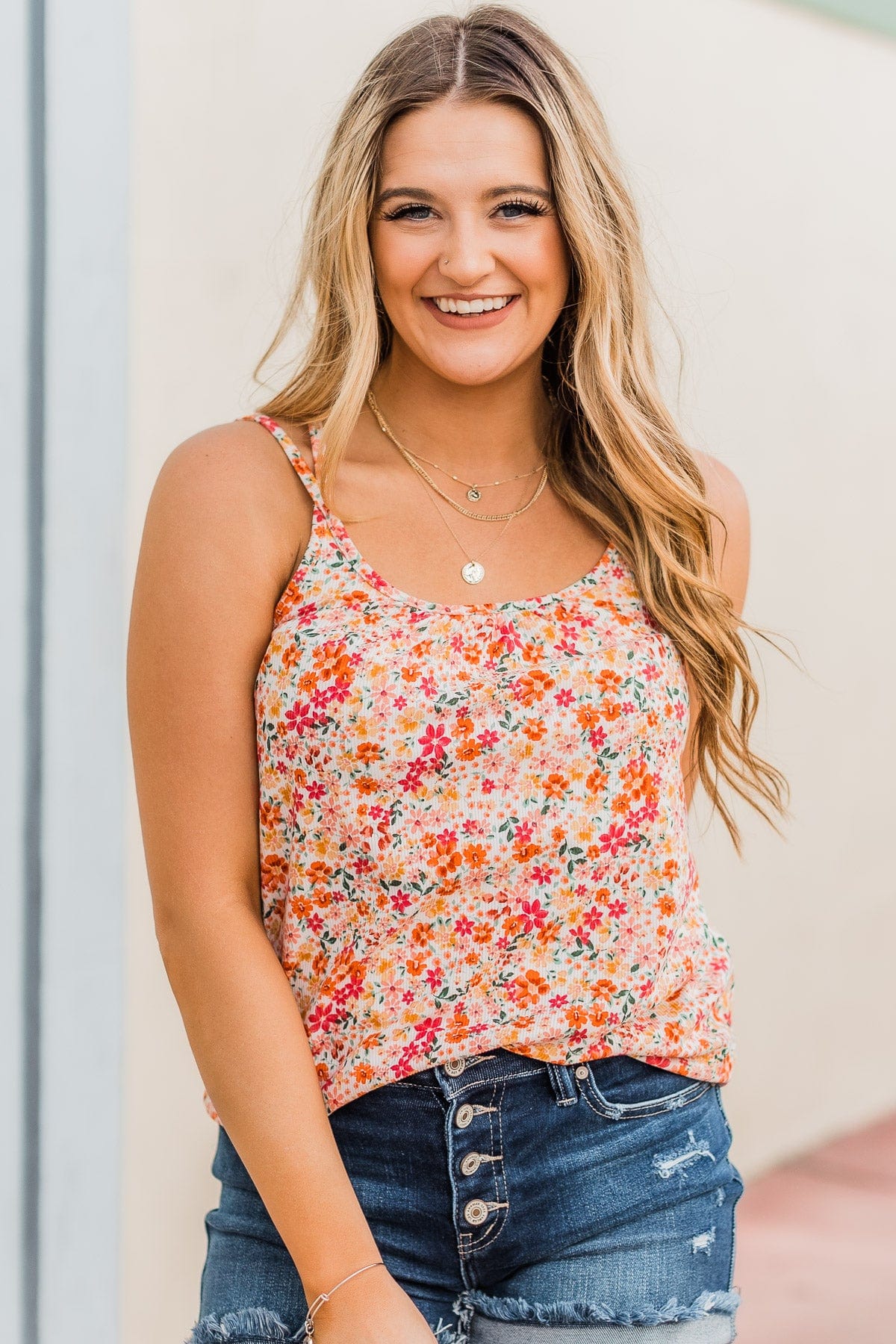 Just A Crush Floral Tank Top- Ivory & Orange - Image 2