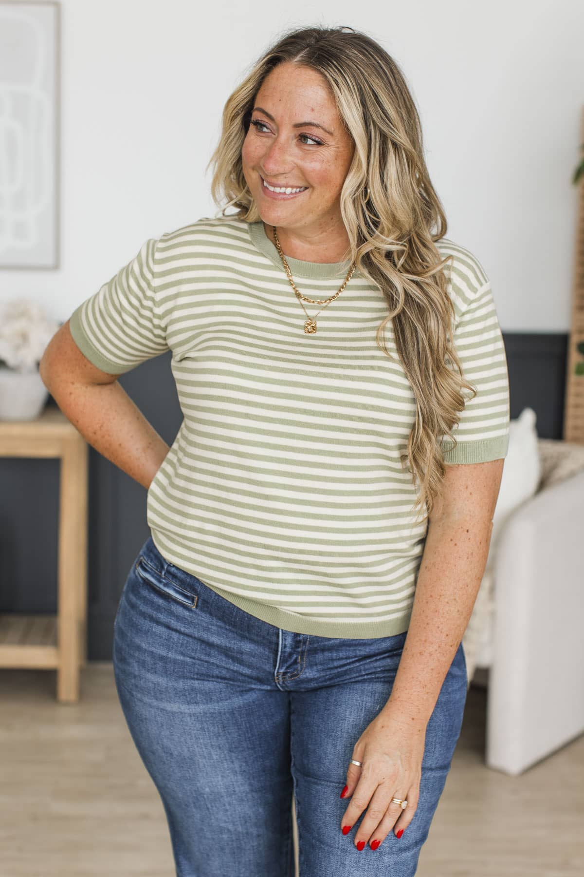 Just A Dream Short Sleeve Striped Top- Sage - Image 4