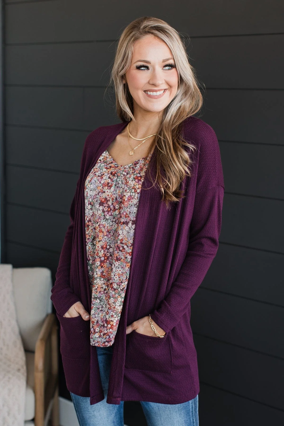 Just A Feeling Knit Cardigan- Eggplant - Image 3