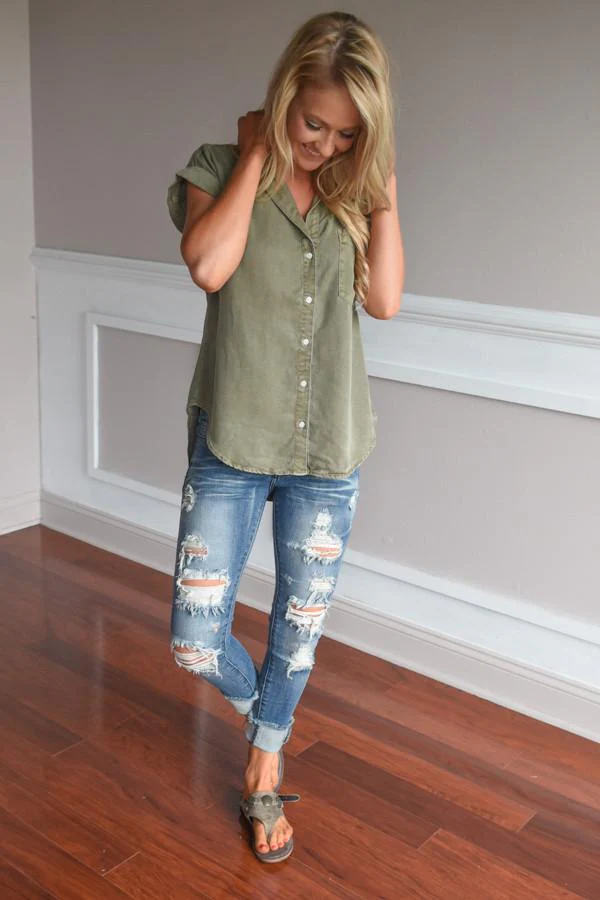 Just a Glance Olive Button Up Top - Image 4
