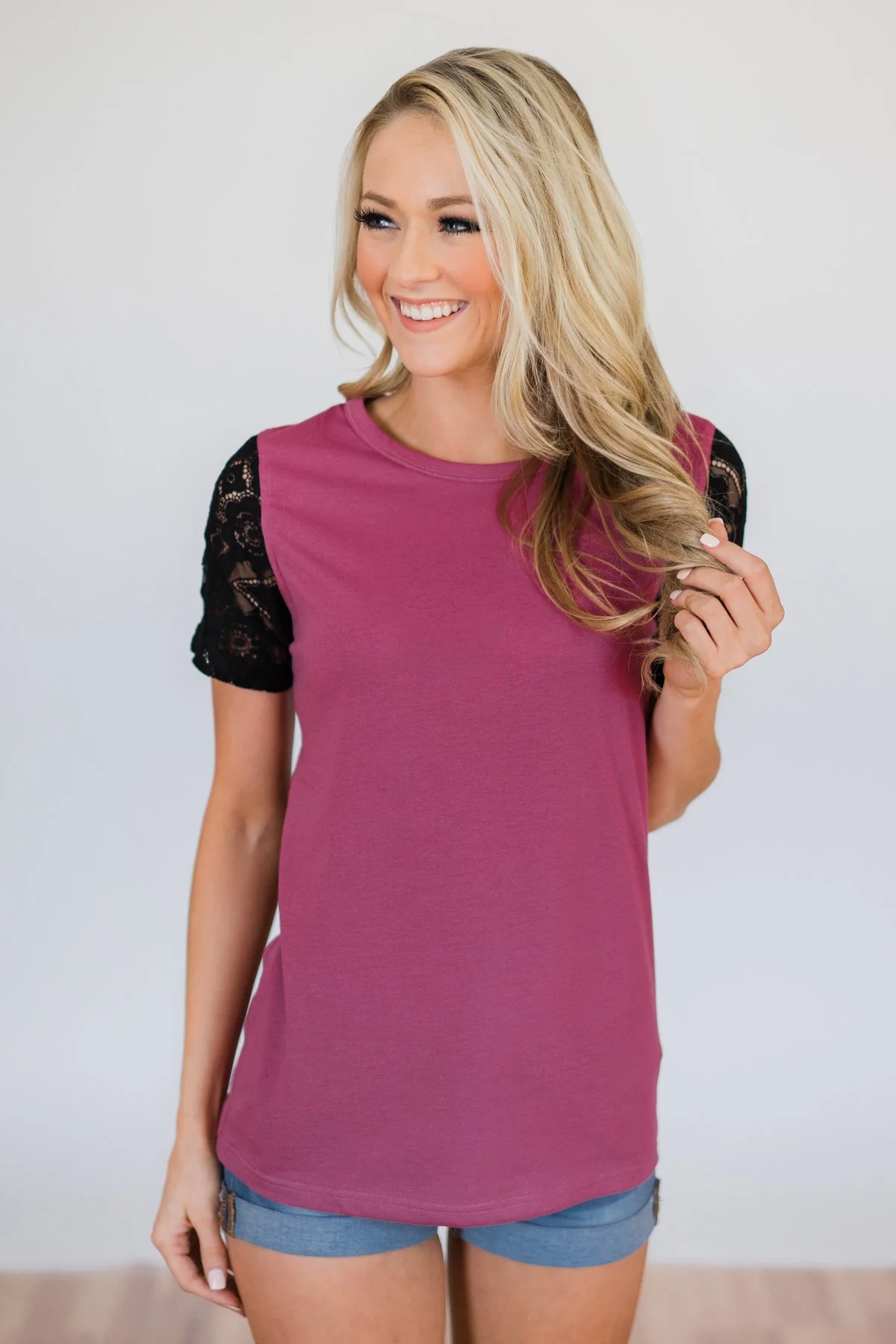 Just A Little Lace Short Sleeve Tee- Deep Magenta - Image 3