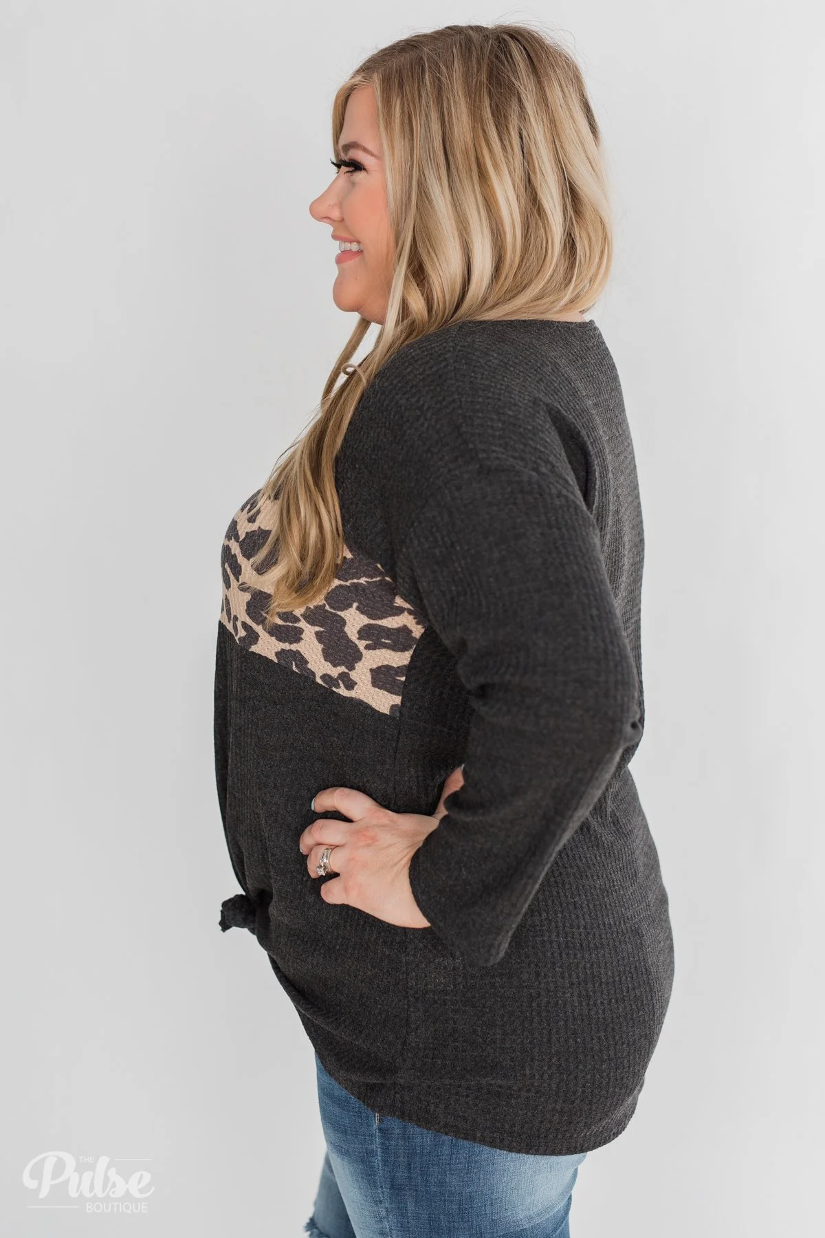 Just A Little More Leopard Thermal Knot Top- Charcoal - Image 11