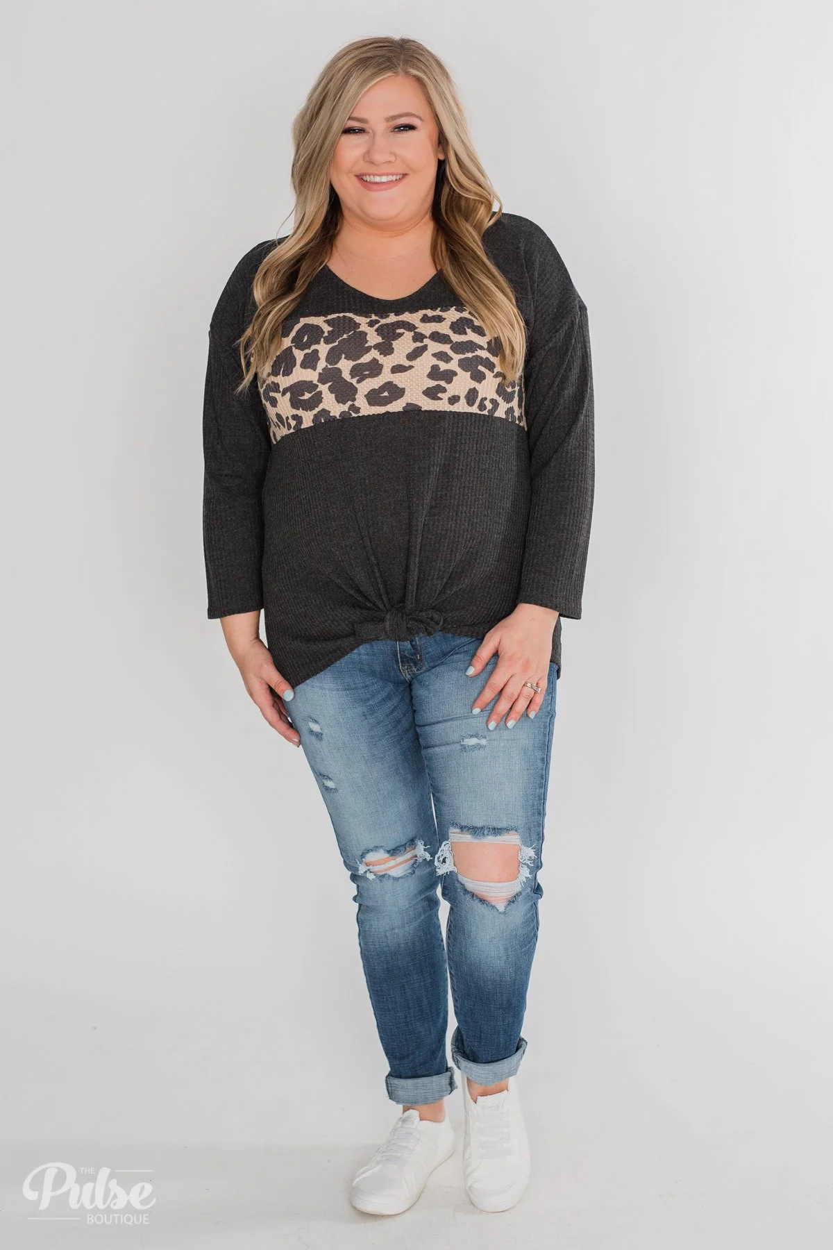 Just A Little More Leopard Thermal Knot Top- Charcoal - Image 3