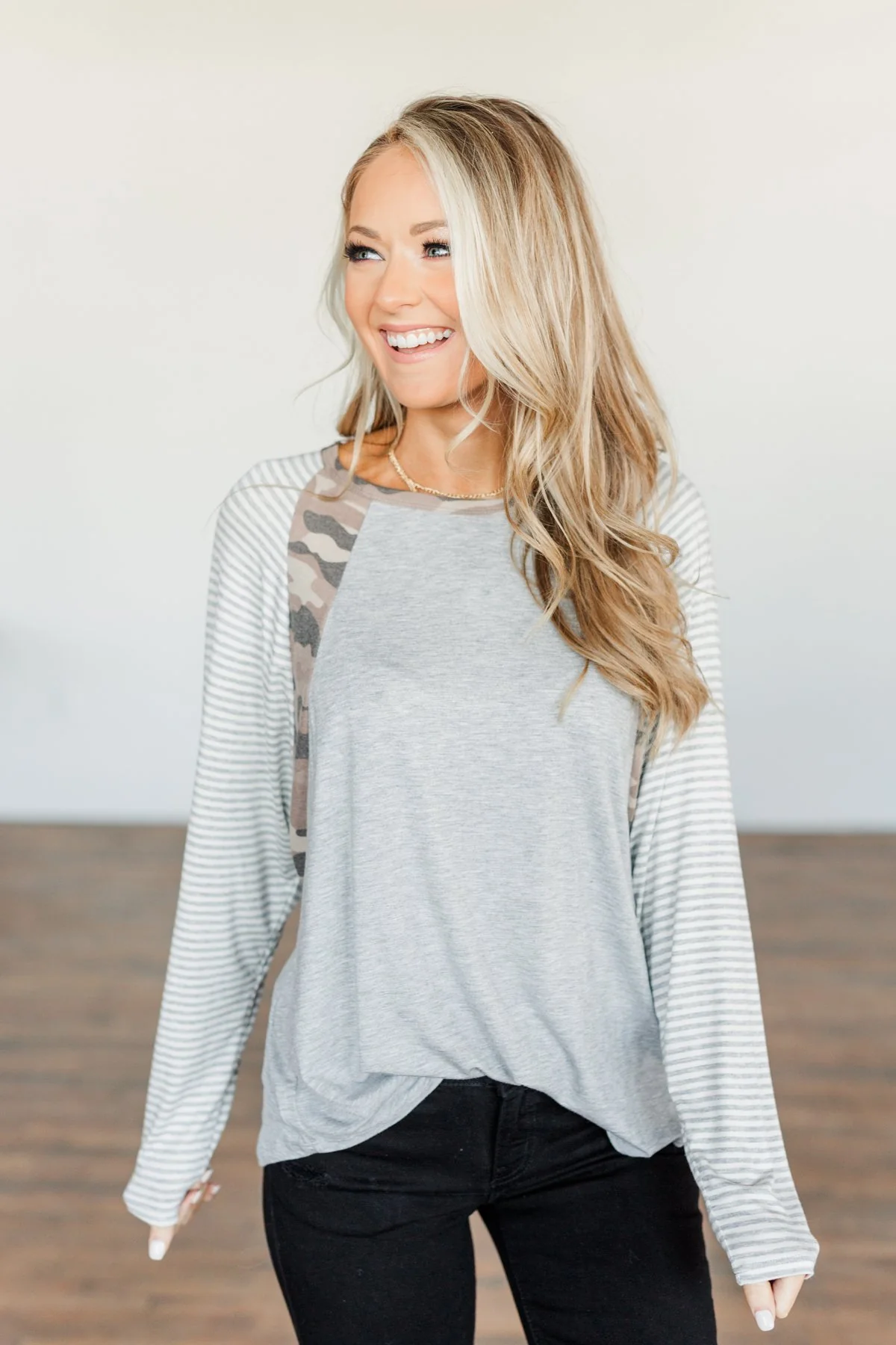 Just Around The Bend Color Block Top- Grey & Camo - Image 2