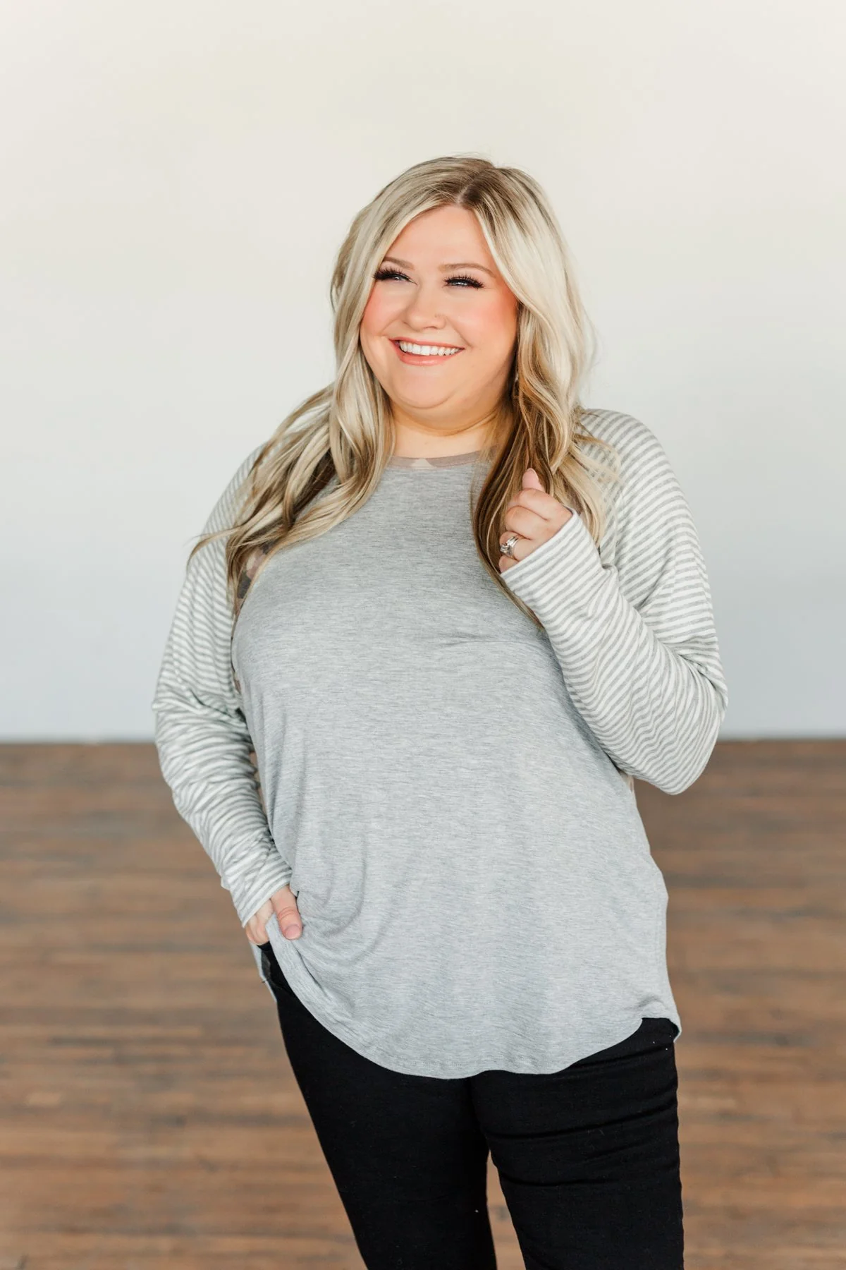 Just Around The Bend Color Block Top- Grey & Camo - Image 3
