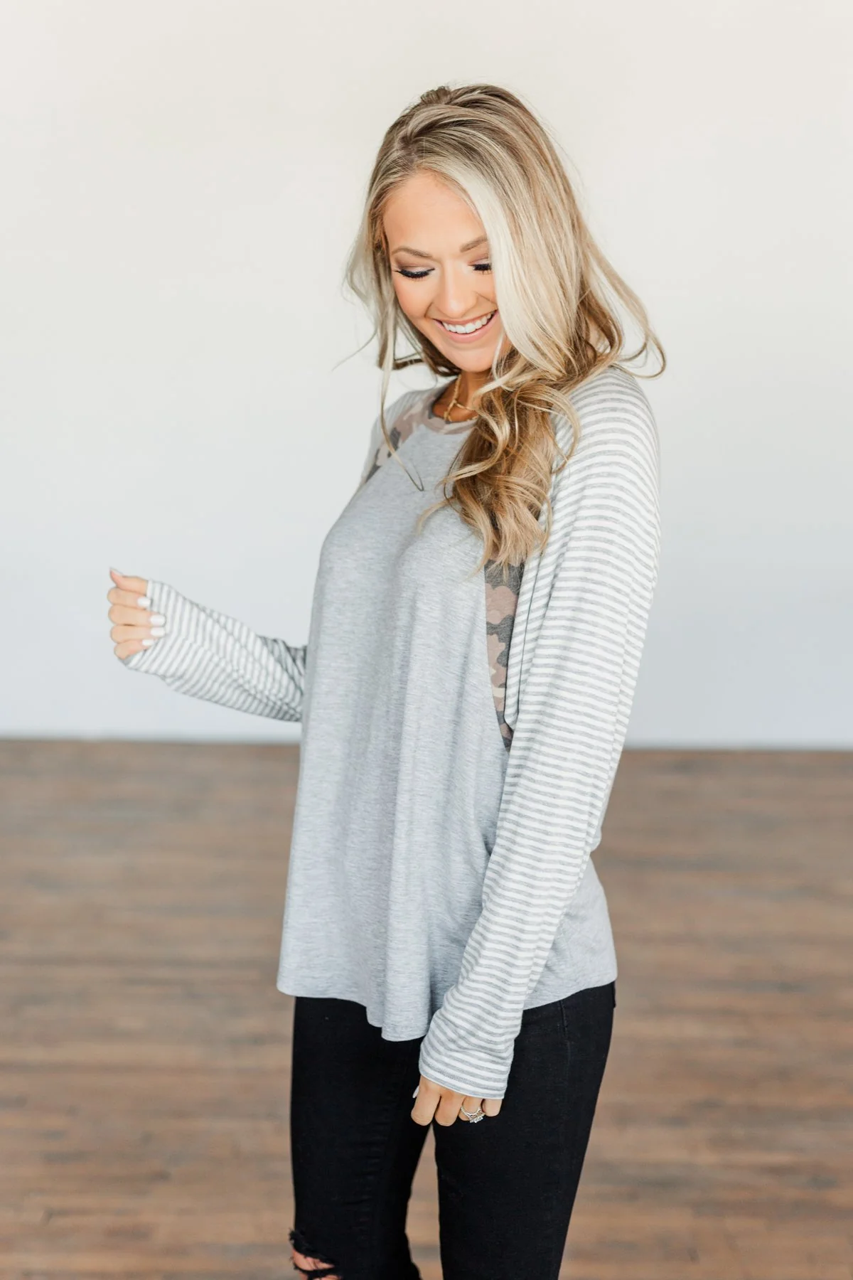Just Around The Bend Color Block Top- Grey & Camo - Image 4