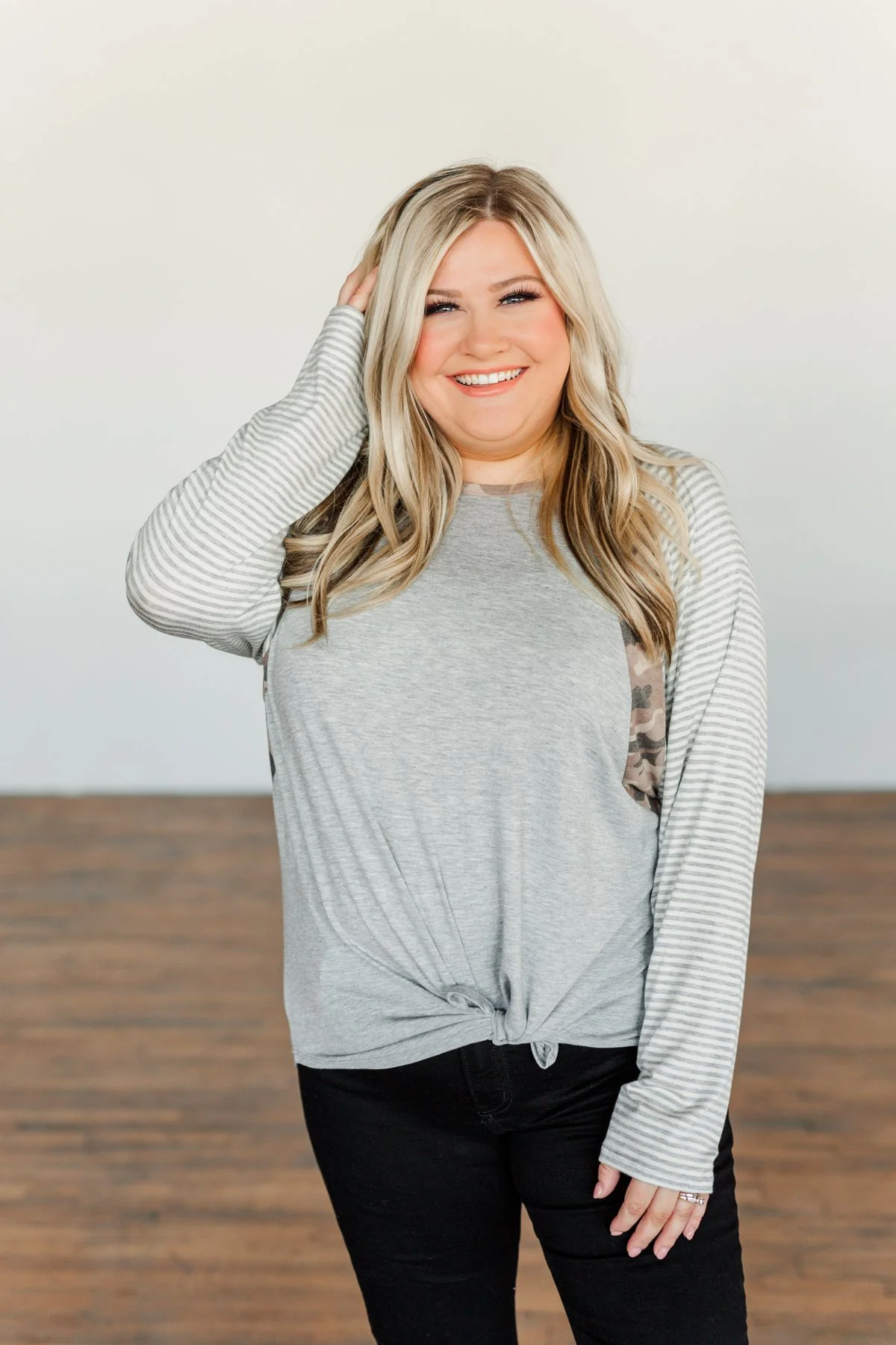 Just Around The Bend Color Block Top- Grey & Camo - Image 5