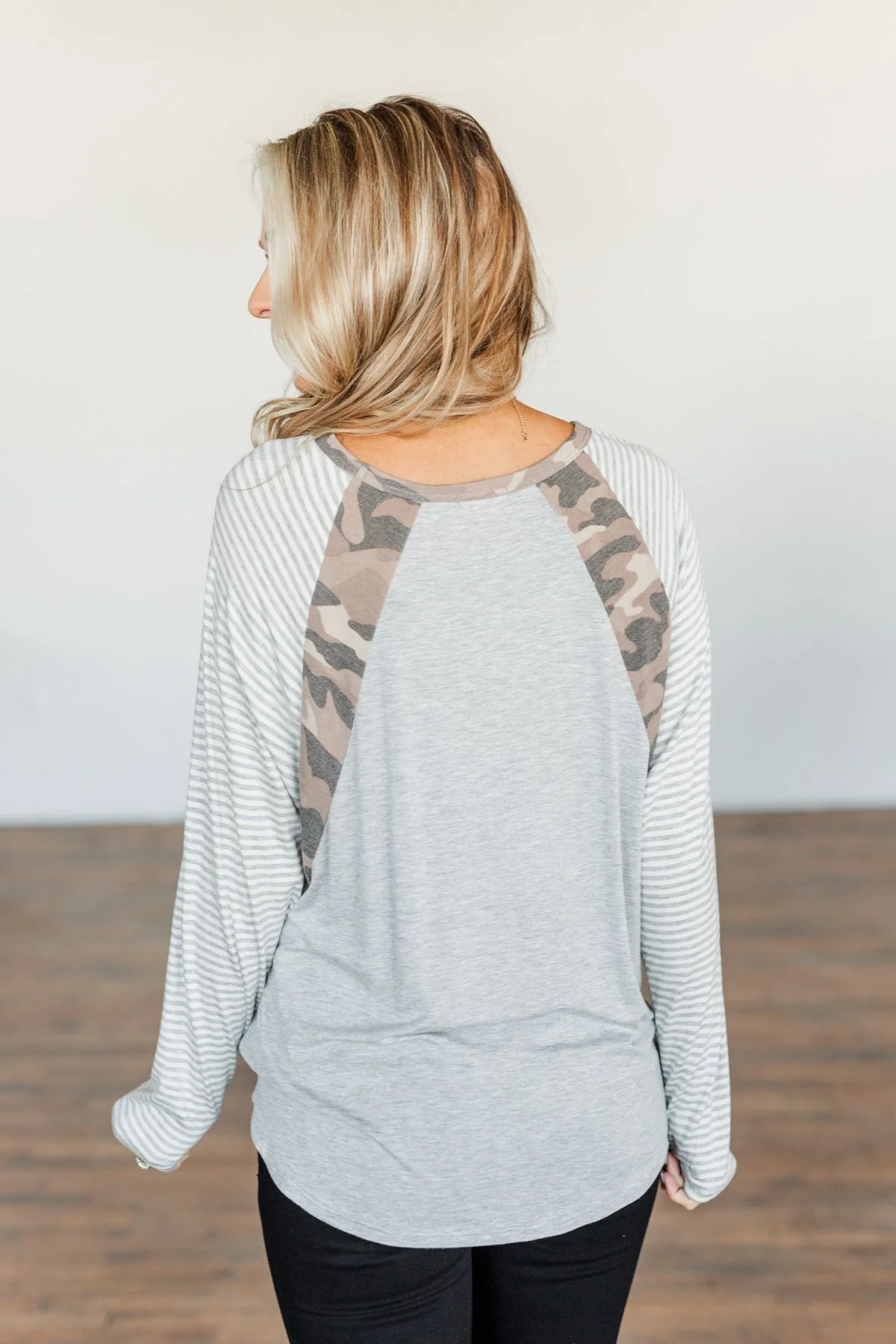 Just Around The Bend Color Block Top- Grey & Camo - Image 7