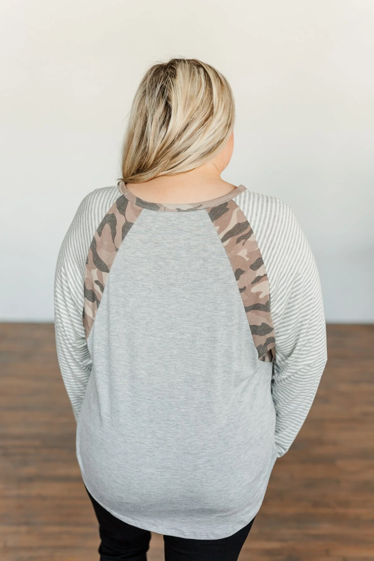 Just Around The Bend Color Block Top- Grey & Camo - Image 8