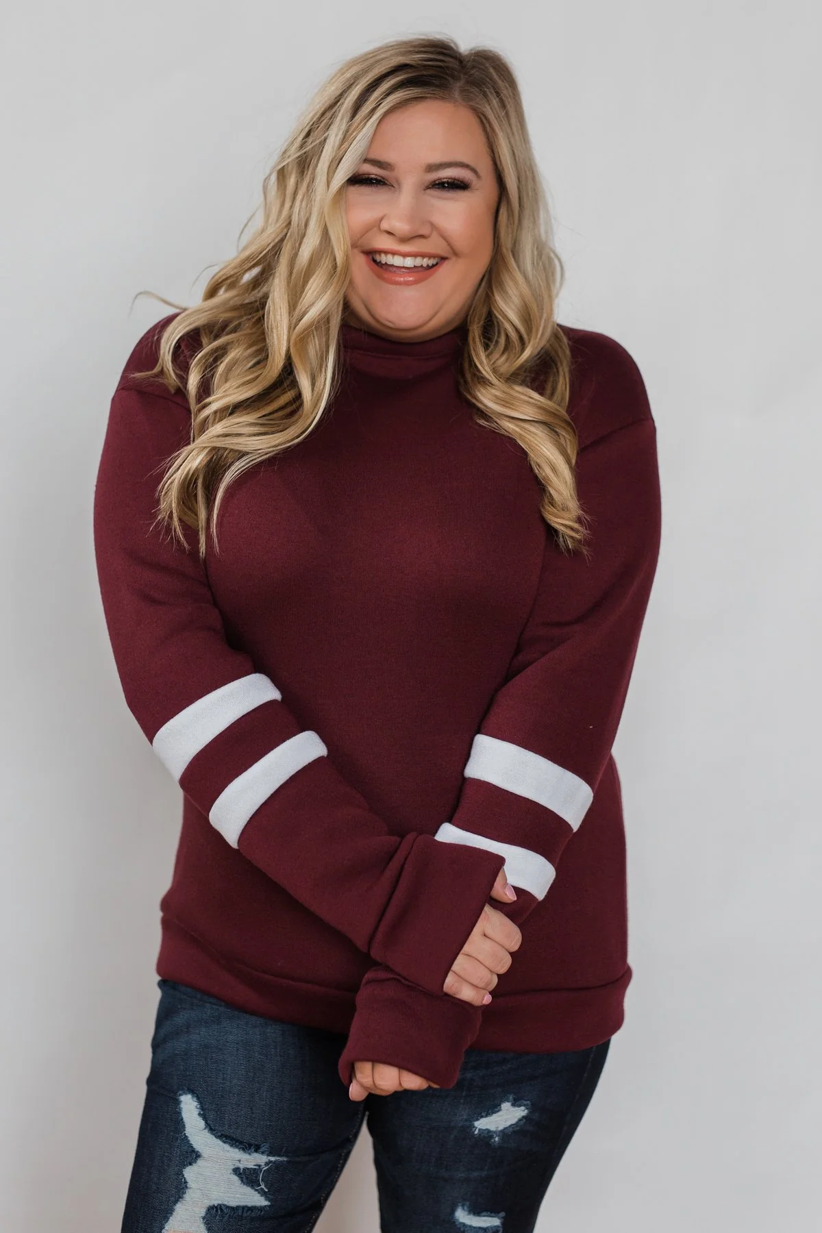 Just As Soft Varsity Stripe Crewneck- Burgundy - Image 15
