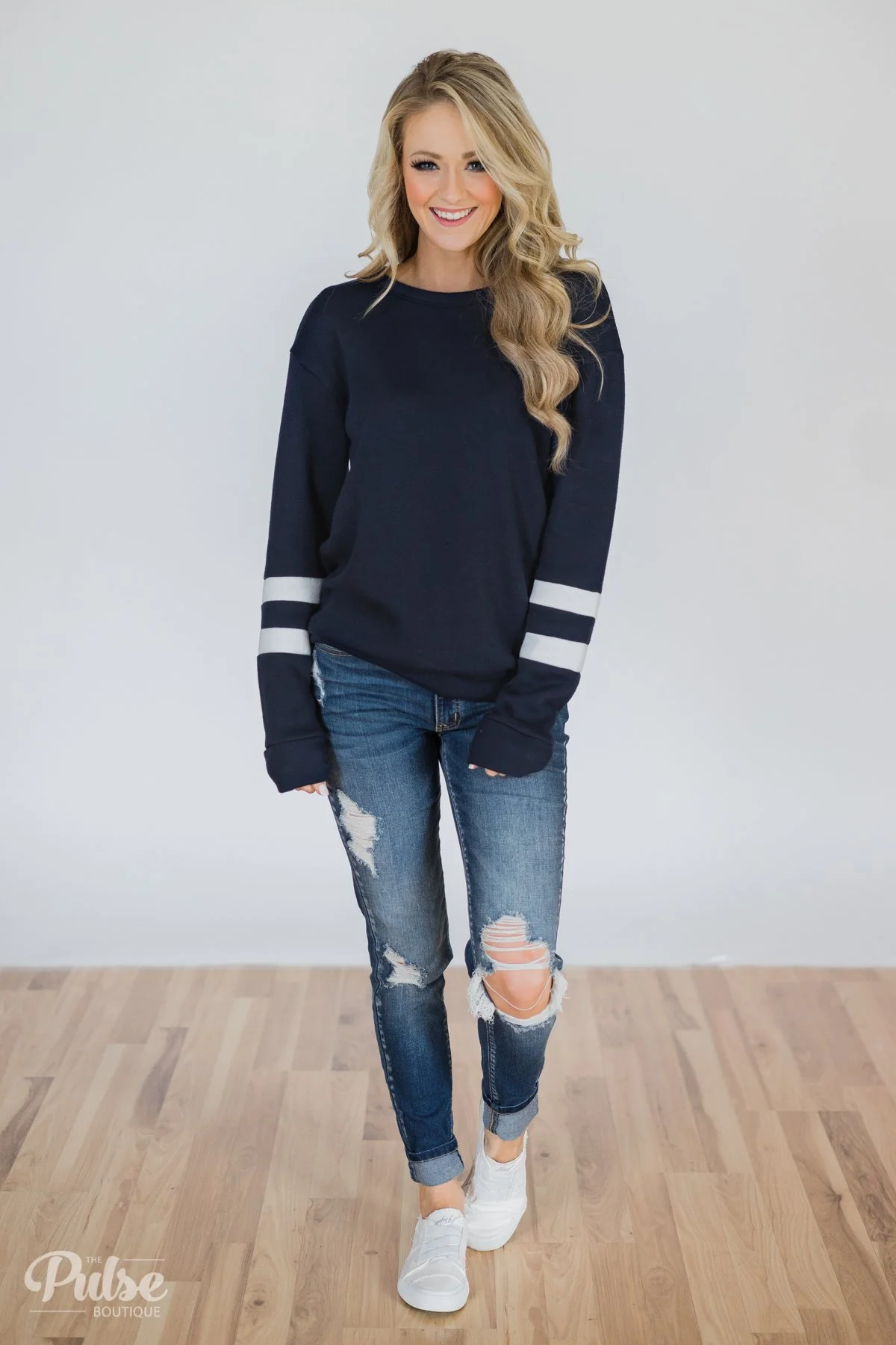 Just As Soft Varsity Stripe Crewneck- Navy - Image 3