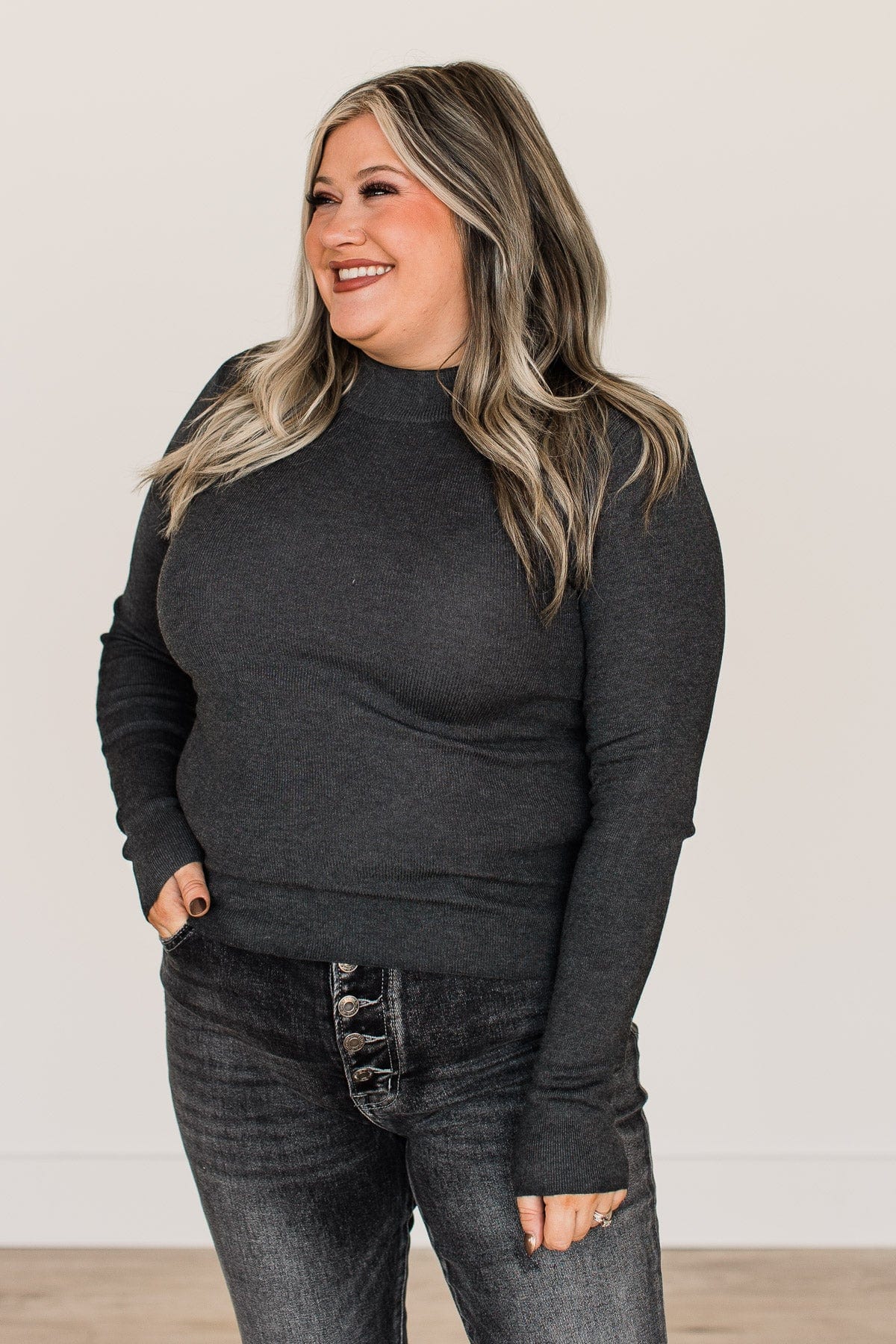 Just Because Long Sleeve Knit Top- Charcoal - Image 5