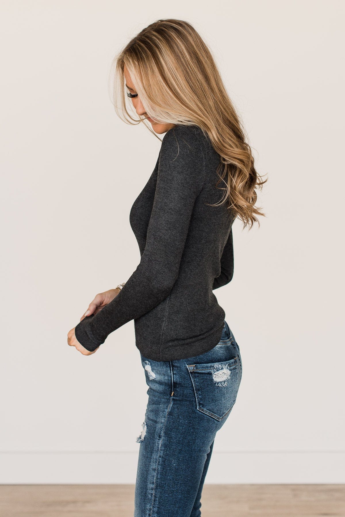Just Because Long Sleeve Knit Top- Charcoal - Image 6
