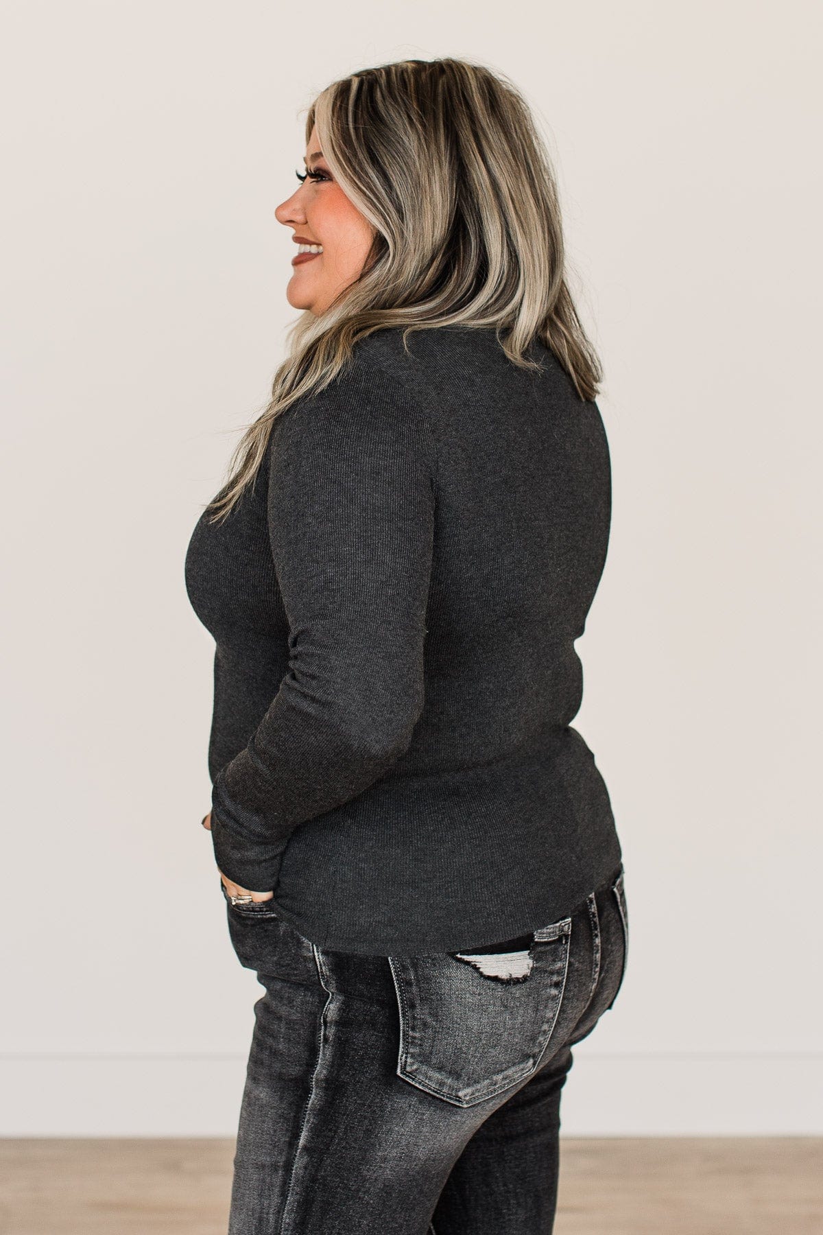 Just Because Long Sleeve Knit Top- Charcoal - Image 7