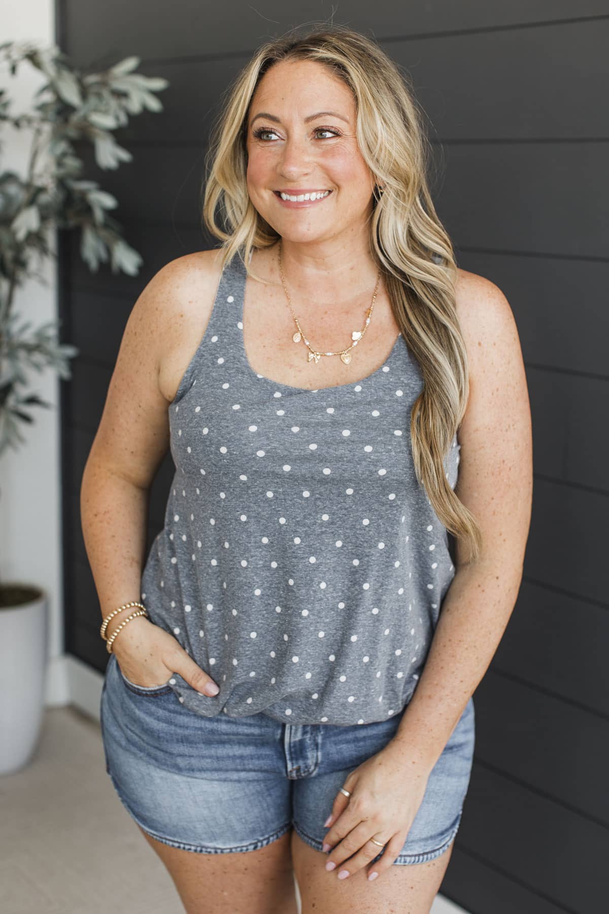 Just Breathe Bubble Hem Tank Top- Dusty Blue - Image 3