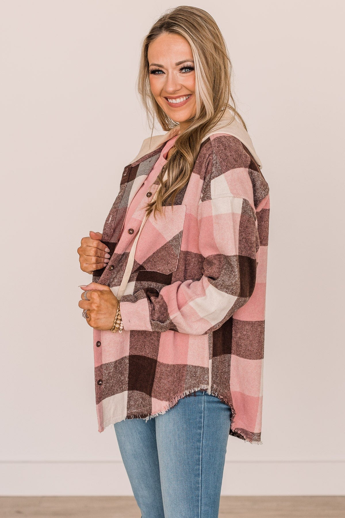 Just Can't Resist Hooded Plaid Top- Blush & Brown - Image 3